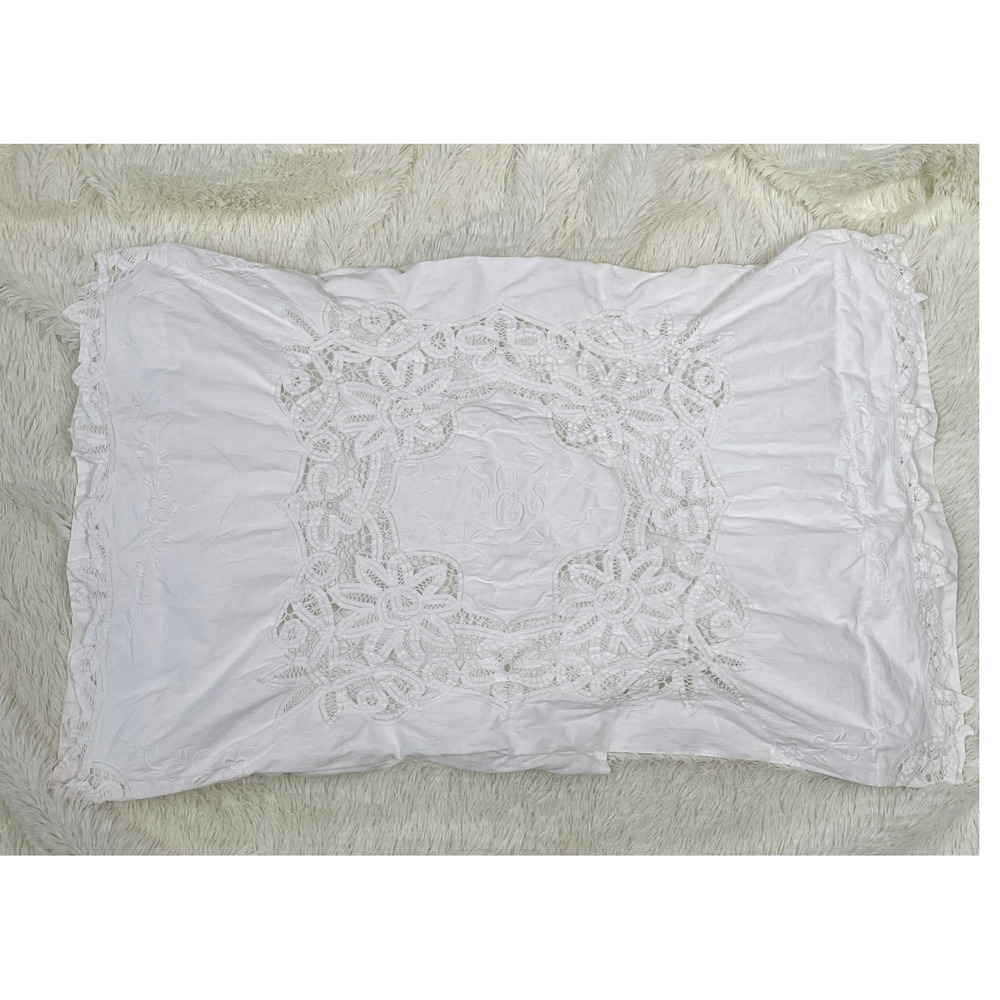 Paper White Pillow Sham 1 Standard White Lace Embroidered 1985 VTG Linen Cotton